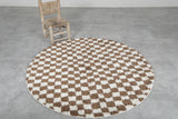 Round Moroccan Wool Rug - 5 ft Brown and White Checkered Design