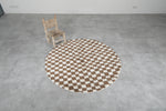 Round Moroccan Wool Rug - 5 ft Brown and White Checkered Design