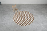 Round Moroccan Wool Rug - 5 ft Brown and White Checkered Design