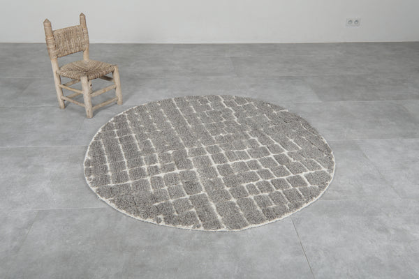 Custom Moroccan round rug - Handmade grey grid wool carpet