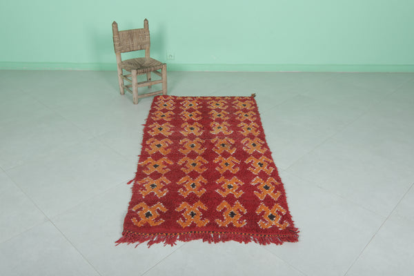 Bold red Moroccan rug - Handwoven berber carpet with geometric pattern 2.7 X 5.6 Feet