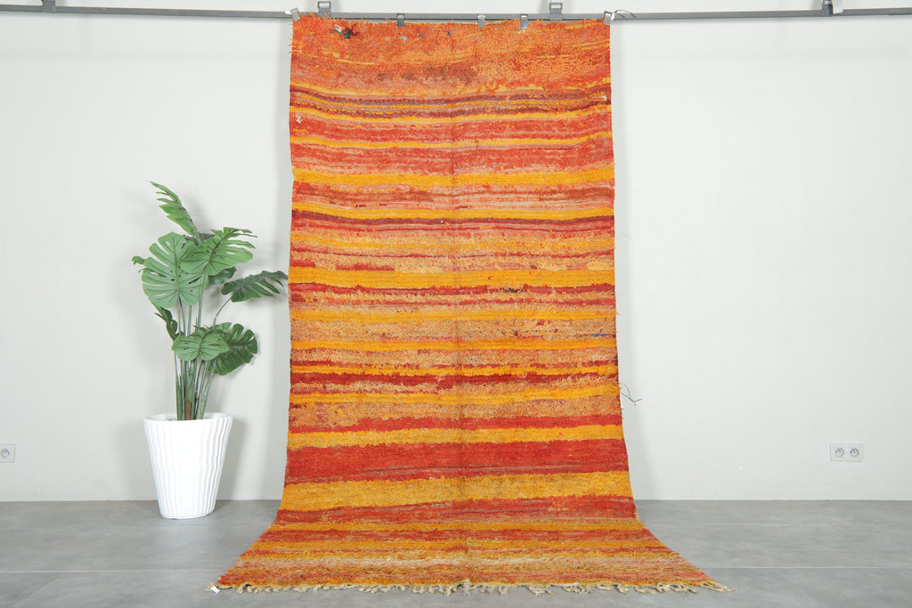 Red & orange & yellow striped Moroccan rug - Vintage wool carpet - 4.9 ft x 10.4 ft