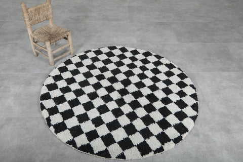 Black and White Checkered Round Rug - Handmade Moroccan Wool Carpet