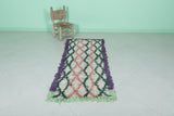 Vintage Moroccan Runner Rug – 2.3 x 5.6 FT | Pink and Green Diamond Pattern with Purple Border