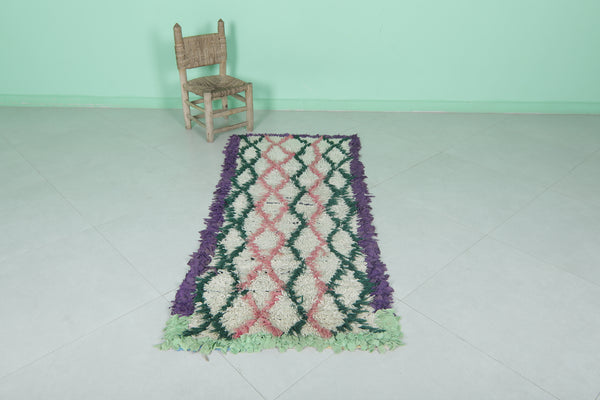 Vintage Moroccan runner rug – 2.3 x 5.6 FT | Pink and green diamond pattern with purple border