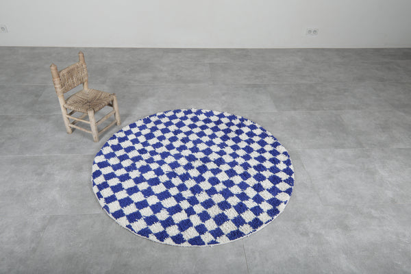 Handmade blue checkered round Moroccan rug - Custom wool carpet