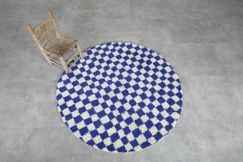 Round Blue and White Checkered Moroccan Wool Rug - 5 ft