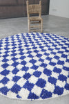 Handmade Blue Checkered Round Moroccan Rug - Custom Wool Carpet