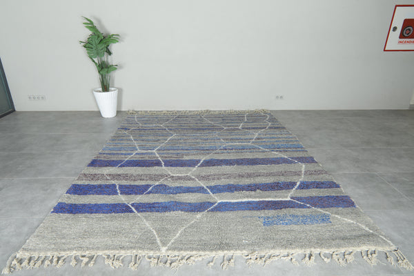 Modern handwoven Moroccan shag rug - Blue, purple, gray & white geometric design - 8.2 ft x 10.1 ft
