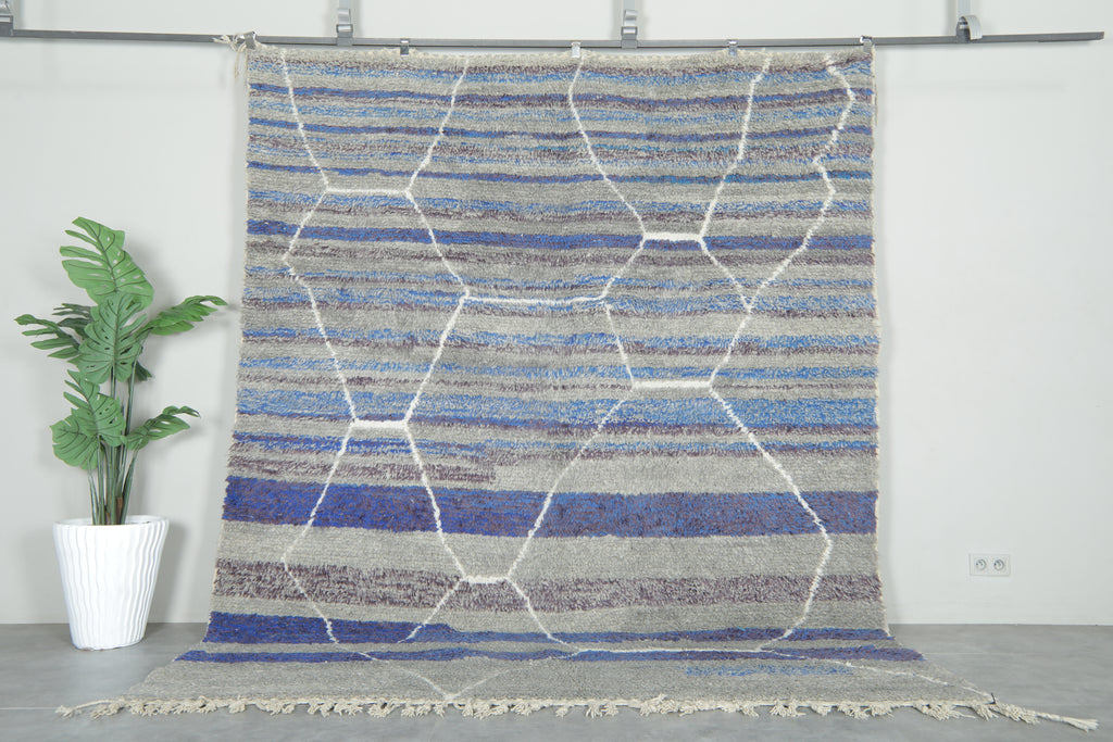 Modern handwoven Moroccan shag rug - Blue, purple, gray & white geometric design - 8.2 ft x 10.1 ft