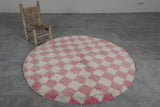 Round Pink and White Checkered Moroccan Wool Rug - 5 ft