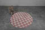 Round Pink and White Checkered Moroccan Wool Rug - 5 ft