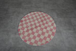 Round Pink and White Checkered Moroccan Wool Rug - 5 ft