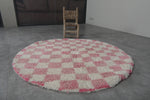 Round Pink and White Checkered Moroccan Wool Rug - 5 ft