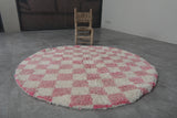 Round Pink and White Checkered Moroccan Wool Rug - 5 ft