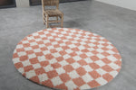 Round Peach and White Checkered Moroccan Wool Rug - 5 ft