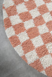 Round Peach and White Checkered Moroccan Wool Rug - 5 ft