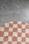 Round Peach and White Checkered Moroccan Wool Rug - 5 ft