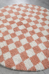 Round Peach and White Checkered Moroccan Wool Rug - 5 ft