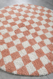 Round Peach and White Checkered Moroccan Wool Rug - 5 ft