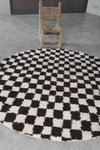 Round Dark Brown and White Checkered Moroccan Wool Rug - 5 ft