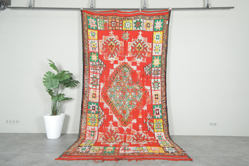 Red and multicolor geometric moroccan rug 5.5 ft x 8.3 ft  - Handmade