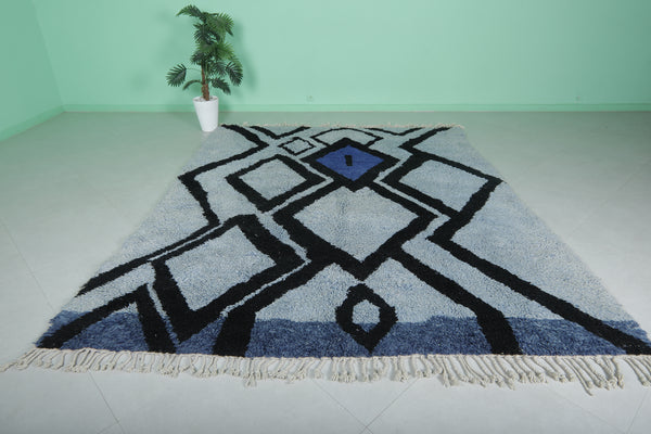 8.1 x 10.1 ft Moroccan beni ourain rug – Blue & black geometric wool rug