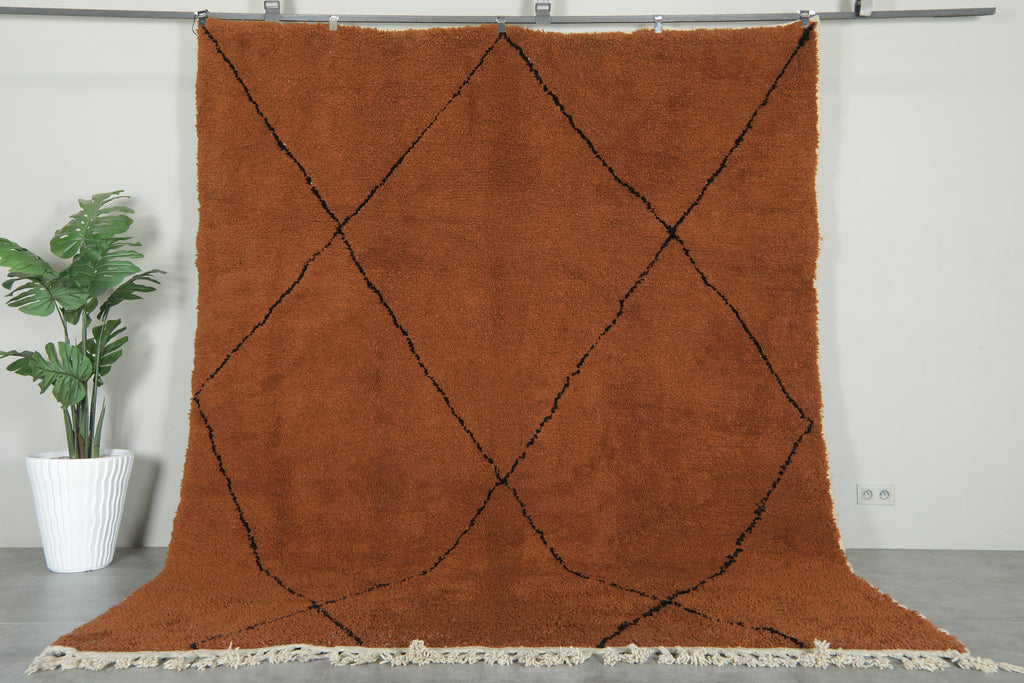 Minimalist brown Moroccan beni ourain rug - 8.4 ft x 10.3 ft