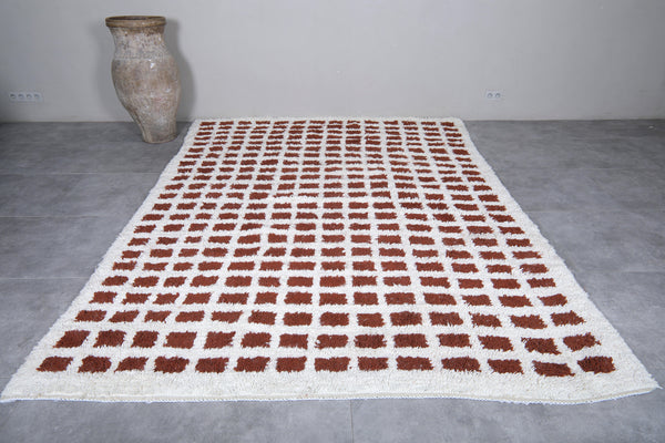 Custom white Moroccan rug with red checkered pattern