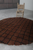 Classic Round Moroccan Wool Rug - 5.1 ft in Brown with Black Grid