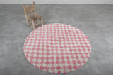 Round Moroccan Wool Rug - 5 ft | Pink & White Checkered Pattern