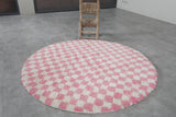 Pink & White Checkered Round Moroccan Rug - Handmade Custom Sizes