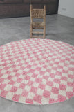 Round Moroccan Wool Rug - 5 ft | Pink & White Checkered Pattern