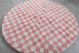 Round Moroccan Wool Rug - 5 ft | Pink & White Checkered Pattern