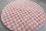 Pink & White Checkered Round Moroccan Rug - Handmade Custom Sizes