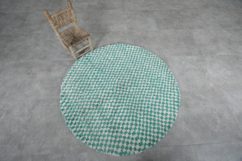 Handmade Round Green Checkered Rug - Modern Moroccan Wool Carpet