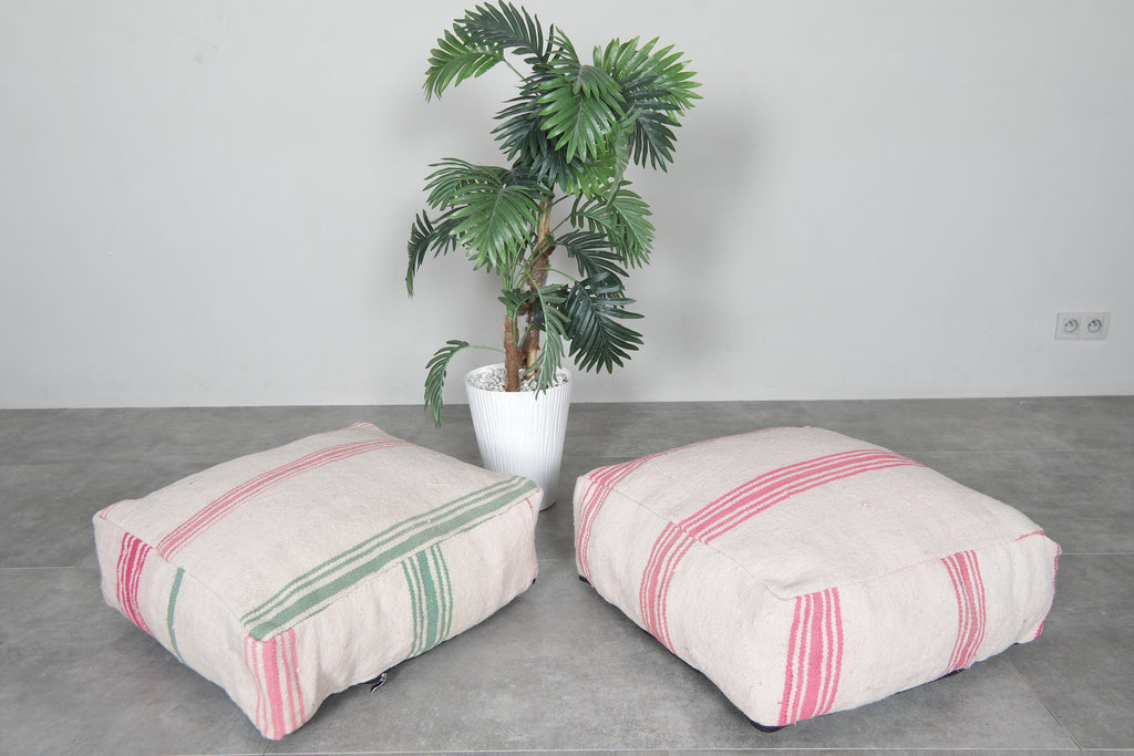 Pair of handmade Moroccan poufs - Vintage striped cotton ottomans