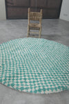 Round Turquoise and White Checkered Moroccan Wool Rug - 5 ft