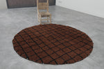 5.1 ft Round Moroccan Wool Rug - Rich Brown with Black Grid Pattern