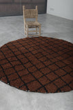 5.1 ft Round Moroccan Wool Rug - Rich Brown with Black Grid Pattern