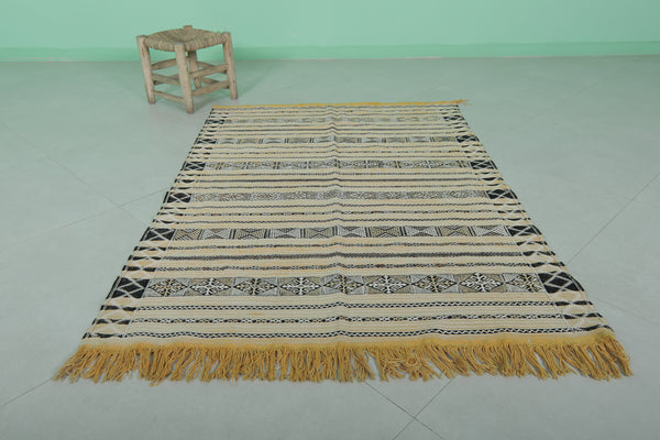 3.8 FT X 5.5 FT Vintage Moroccan Rug - Yellow & Black Berber Design