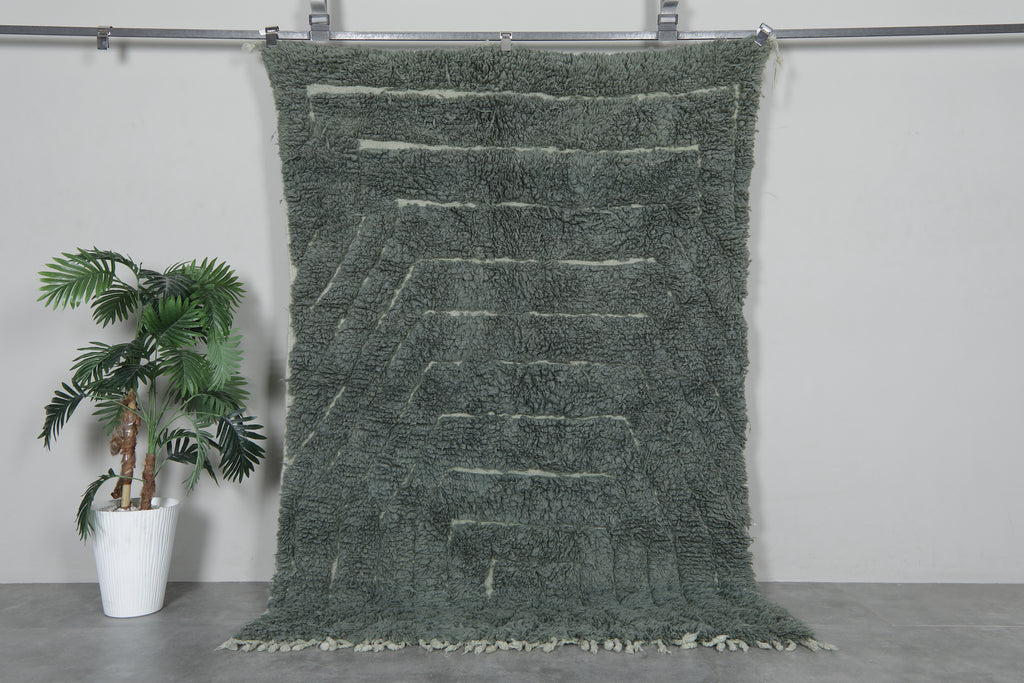 Abstract Moroccan Beni Ourain Rug 4.9x7 ft - Grayish-Green Wool Rug