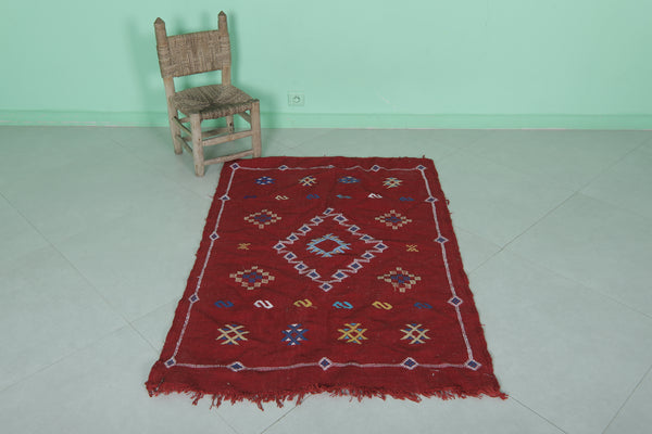 Red flatwoven handmade Moroccan rug - 3.2 FT X 4.6 FT | Authentic berber decor