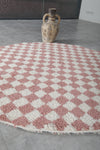 Round Moroccan Wool Rug - 5 ft | Pink & White Checkered Design