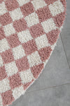 Round Moroccan Wool Rug - 5 ft | Pink & White Checkered Design