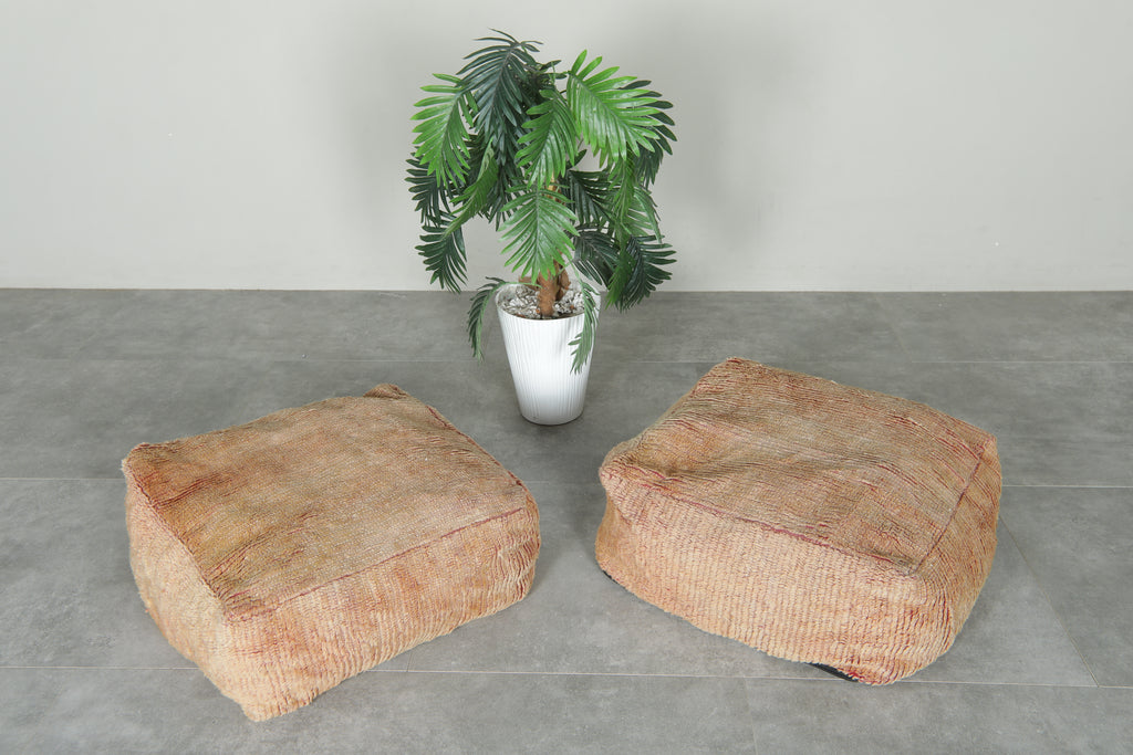 Beige wool ottoman poufs - Handwoven floor cushions