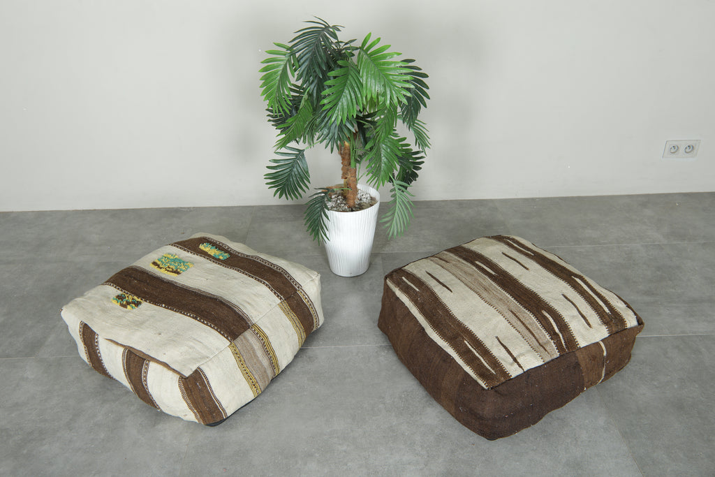 Moroccan kilim poufs - Brown & beige wool floor cushions