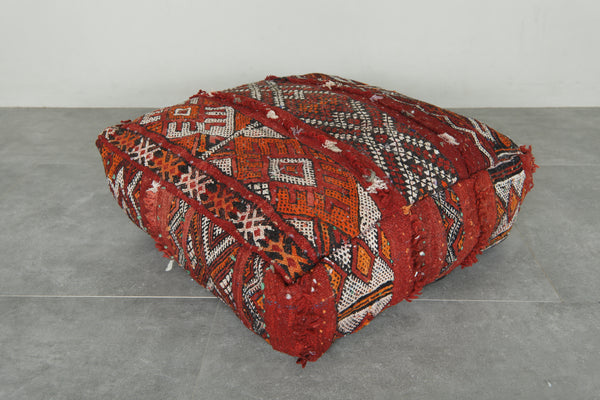Red geometric Moroccan kilim pouf - Handwoven vintage decor