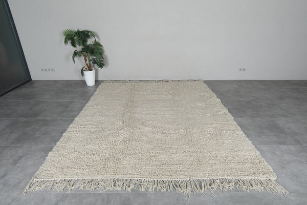 Ivory Moroccan Wool Rug - 7 x 9 ft Minimalist Handwoven Shag Carpet