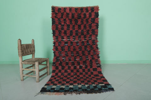 Authentic Moroccan Berber Boucherouite Shag Rug - 2.6 FT X 5.5 FT | Bold Red & Black Checkered Pattern